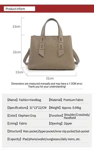 Detailed size specifications for elephant gray leather tote bag with functional dimensions