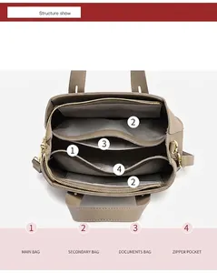 Top view detail of the internal compartments and golden zipper of a khaki leather tote bag