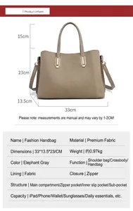 Detail view of elephant grey leather tote with dimensions 33x13.5x23cm and multi-pockets
