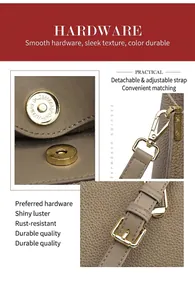 Detail of gold-tone metal hardware and adjustable strap on taupe lychee leather bag