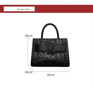 Detailed size chart showing dimensions 35x25x16cm for large black letter print tote bag