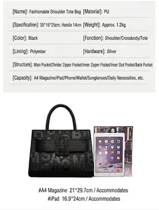 Detail view of large black PU leather tote bag capacity showing 35x16x25cm size