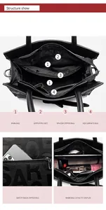 Detail of black pebbled leather tote bag showing multi-pocket interior and back pocket