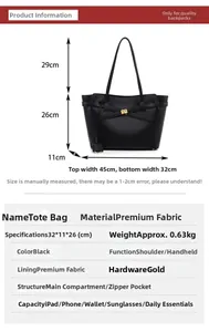 Detailed size chart and dimensions of the black tote bag with gold hardware specifications