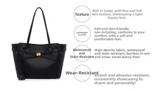 Close-up of black leather tote bag with gold hardware buckle and water-resistant texture