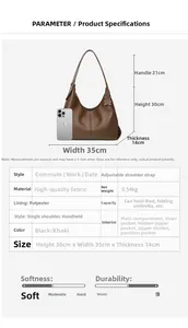 Size chart showing dimensions and capacity parameters for large tote bag in brown