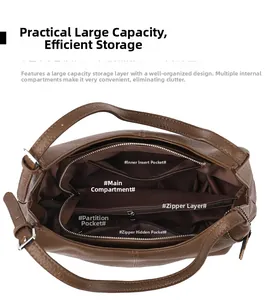 Detailed interior view of a brown leather tote bag with multiple storage compartments