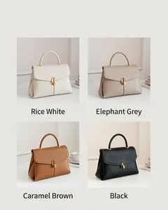 Collage showing four colors of lychee grain leather handbags with metal locks