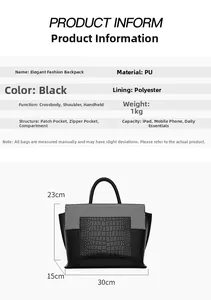 Detailed view of black tote bag with crocodile texture, internal compartments, and size specs