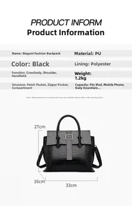 Detailed size and material specifications of the black croc-pattern tote with 3D model view