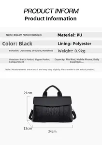 Detailed size chart and internal structure specifications for the black woven tote bag