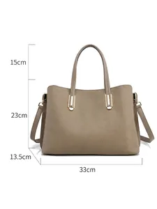 Minimalist genuine leather tote bag in dark khaki with size dimensions and dimensions shown