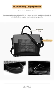 Detailed view of the crocodile-embossed leather handle and detachable metal strap buckle