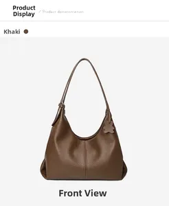 Front view of khaki hobo tote bag with lychee texture and cute bear pendant accessory
