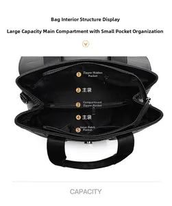 Detailed top view of black tote bag interior showing five functional compartments and lining