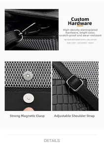 Detail view of crocodile pattern leather with custom metal hardware and magnetic closure