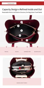 Detailed interior of wine red tote bag showing multiple compartments and large capacity