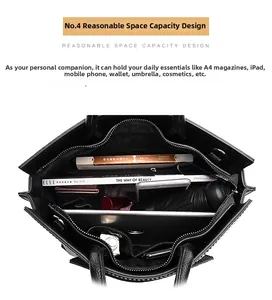 Spacious interior of black crocodile embossed tote bag fitting iPad and A4 magazine
