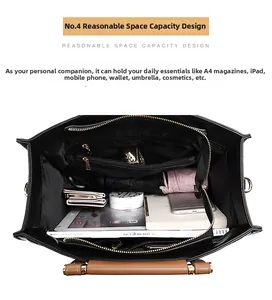 Internal view of the large capacity black leather tote bag with storage compartments