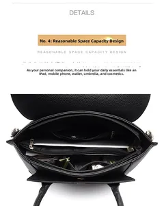 Macro shot of black pebbled leather tote interior with multiple compartments and pockets
