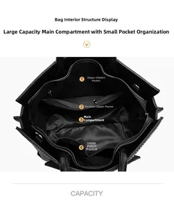 Internal structure of black crocodile tote bag with multiple pockets and satin lining