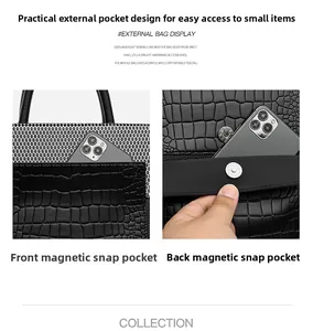 Detail of front and back magnetic snap pockets on a black croc-embossed tote bag