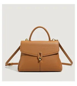 Detail of brown lychee grain leather texture with elegant golden metal buckle closure