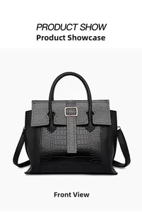 Front view of black crocodile pattern tote bag with white honeycomb contrast detail