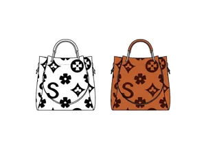 Detailed design sketch of a minimalist bucket tote bag with floral patterns and S logo