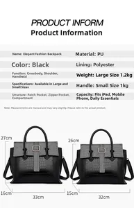 Size chart showing large and small tote bag dimensions with detailed product specifications