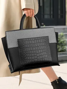 Women Vintage Crocodile Pattern PU Leather Tote Bag Large Capacity Patchwork Handbag With Detachable Strap For Office Daily Commute