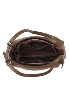 Large brown leather tote bag with organized inner compartments and adjustable strap