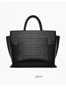 Large black tote bag with embossed crocodile texture and structured wing silhouette back view