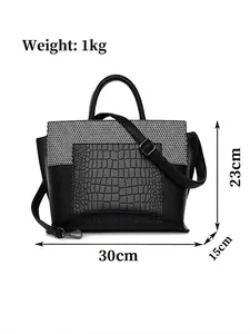 Retro black crocodile pattern tote bag with woven detail and adjustable strap