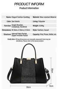 Detaillierte Größentabelle für schwarze Strass-Handtasche mit 30 cm Breite und Maßen
