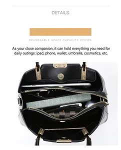 Innenansicht der schwarzen Ledertasche mit goldener Hardware und organisierten Fächern