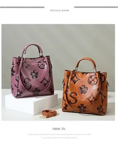 Detail showing embossed leather texture and adjustable strap on two fashion bucket bags
