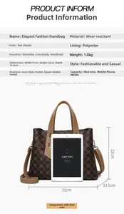 Vista dettagliata della borsa marrone con stampa monogramma con dimensioni e struttura interna
