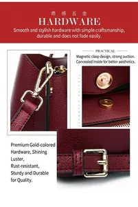 Detailed macro view of golden magnetic buckle and adjustable strap hardware on red tote