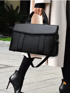 Professional Women Large Capacity Tote Handbag Black PU Leather Crocodile Pebble Texture Crossbody Work Shoulder Bag