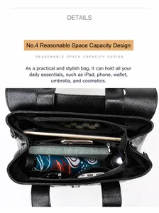 Large capacity black lychee leather tote bag with multi-layer interior for iPad and daily items
