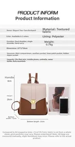 Detailed dimension chart showing beige backpack size 23x12x26cm with internal structure