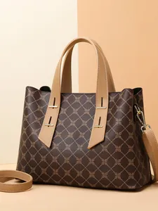 Borsa tote marrone con stampa geometrica, manici kaki e tracolla rimovibile