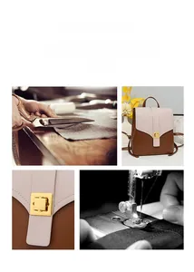Macro detail of high-quality stitching and golden metal buckle on vintage backpack