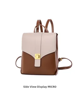 Side view of minimalist two-tone beige and brown backpack with golden metal square buckle