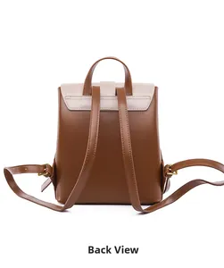 Rear view of a vintage dual-tone backpack with adjustable straps and metallic hardware