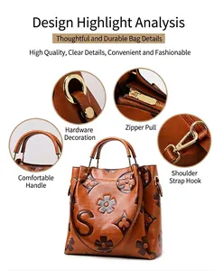 Detailed views of brown patterned tote bag showing gold hardware and smooth zipper
