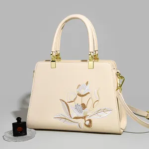Dettaglio del ricamo floreale e della trama in pelle su una borsa a mano beige