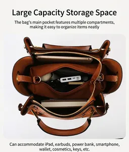 Detail view of large brown tote bag with organized compartments for tablet and daily items