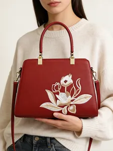 Borsa a Mano in Pelle PU con Ricamo Floreale in Stile Cinese per Donna Vintage Grande Capacità Borsa Tote con Tracolla Rimovibile
